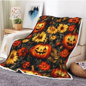 Cozy Pumpkin and Floral Throw Blanket